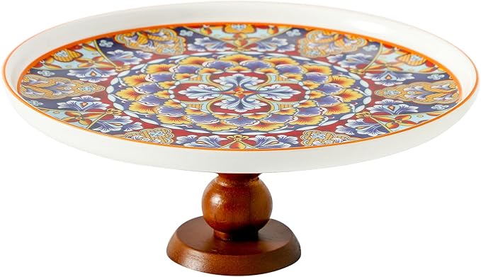 Ceramic Cake Stand with Elegant Wood Curved Footed, 10” Versatile Dessert Stand, 2-in-1 Dessert Table Display Set & Charcuterie Board for Birthday/Kitchen/Party/Charcuterie, Orange