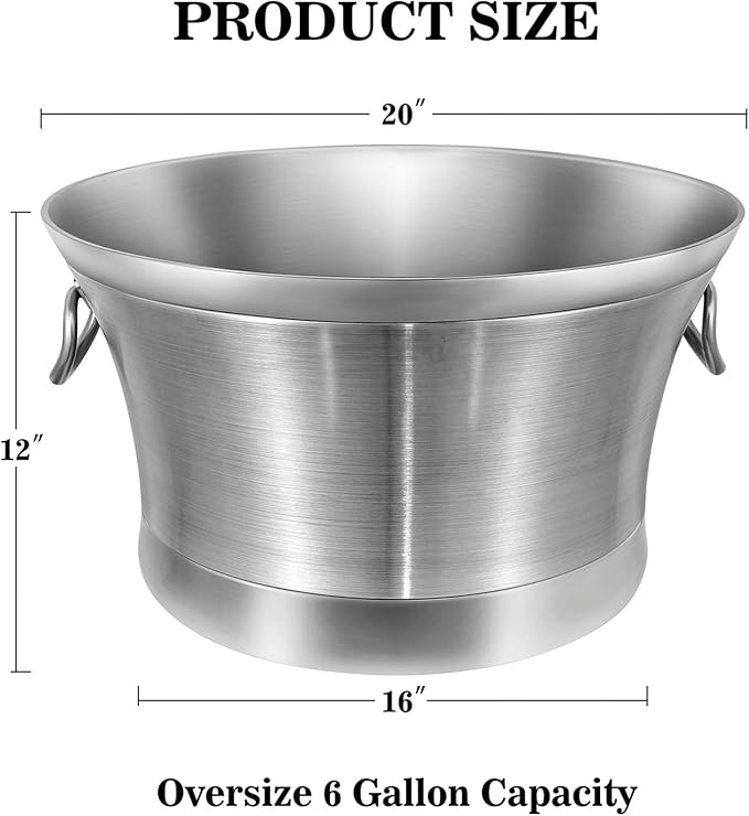 BARsics Large 6-Gallon Double Wall Stainless Steel Insulated Beverage Tub for Parties