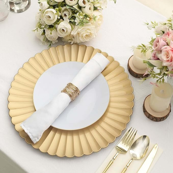 Efavormart 6 Pack | 13" Gold Scalloped Shell Pattern Plastic Serving Plates, Round Disposable Charger Plates