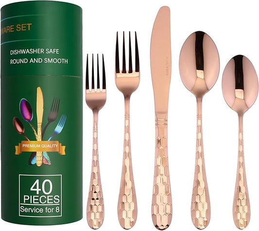 Silverware Set, Flatware Set Service for 8 Premium Stainless Steel Cutlery Set 40 Piece Include Upgraded Knife Spoon Fork Mirror Polished, Dishwasher Safe (Rose Gold)