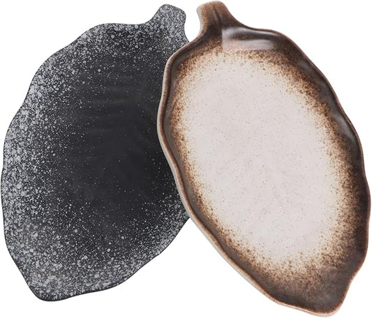 2Pcs Japanese Vintage Ceramic Banana Leaf Snack Plate Irregular Serving Dish for Dipping Sauce Food Tableware for Appetizers and Desserts
