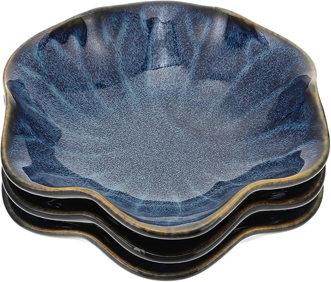 KICHOUSE 3pcs Japanese-style Ceramic Sauce Plates Dipping Bowls Blue Glazed Tableware for Appetizers and Snacks