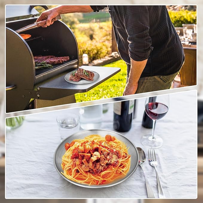 Metal Camping Plates, 10 Pack 9.1 inch 304(18/8) Stainless Steel Plates, Reusable Pizza Food Serving Snack Eating Salad Dishes Round Shatterproof Plate Silver Dinnerware Dinner Oven Safe