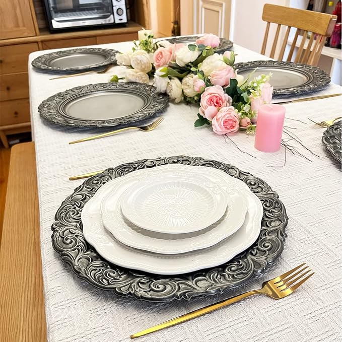 Antique Silver Charger Plates Embossed Rim, 13 Inch Dinner Plate Chargers Round Server Ware. Set of 6 Plastic Charger for Dinner, Wedding, Elegant Tableware Decor