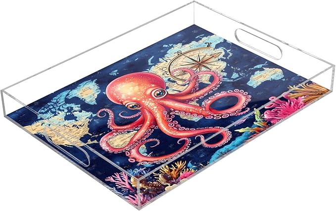 Serving Tray with Handles Clear Acrylic Tray 12x16 Inch Decorative Rectangular Tray Organizer for Ottoman Coffee Table Bathroom Blue World Map and Octopus