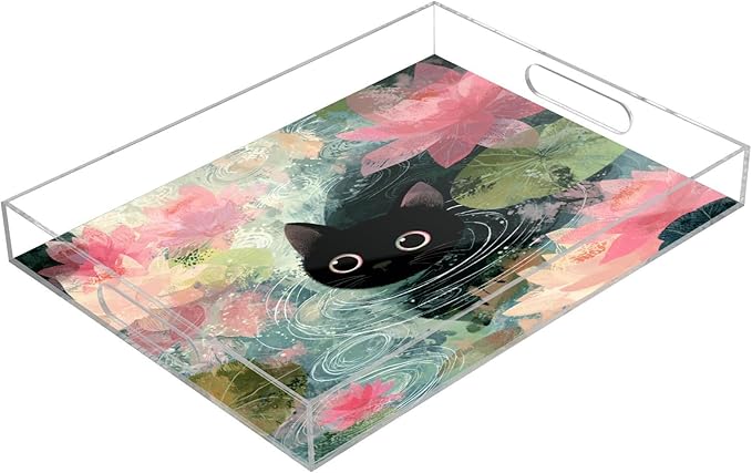 Serving Tray with Handles Clear Acrylic Tray 12x16 Inch Decorative Rectangular Tray Organizer for Ottoman Coffee Table Bathroom Cat Lotus Flowers Blue