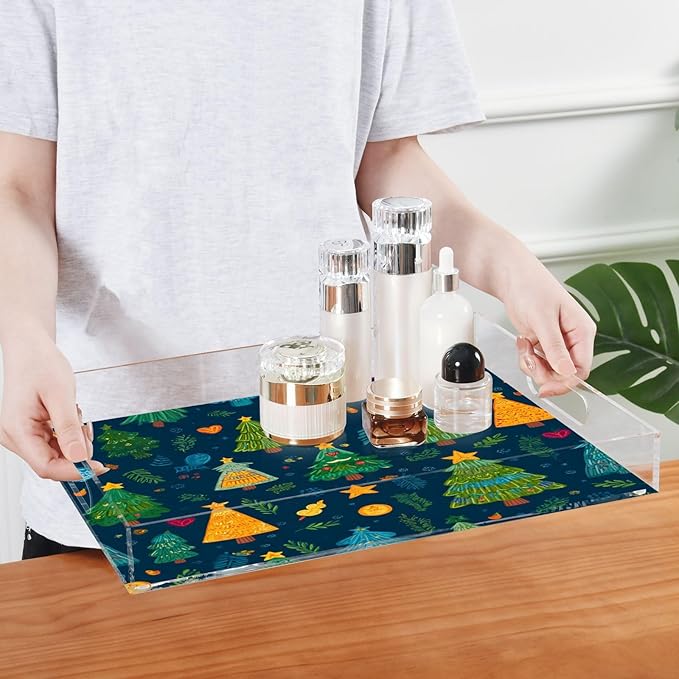 Serving Tray with Handles Clear Acrylic Tray 12x16 Inch Decorative Rectangular Tray Organizer for Ottoman Coffee Table Bathroom Blue Christmas Tree and Love Star