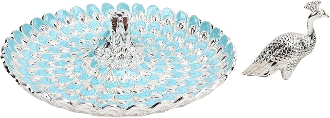 Peacock Shape Fruit Dish Tray, Decorative Storage Tray, Zinc Alloy Metal Snacks Plate Round Platter Serving Tray Cookie Storage Bowl for Home Party Cakes Cookies Candy (Silver Light Blue)
