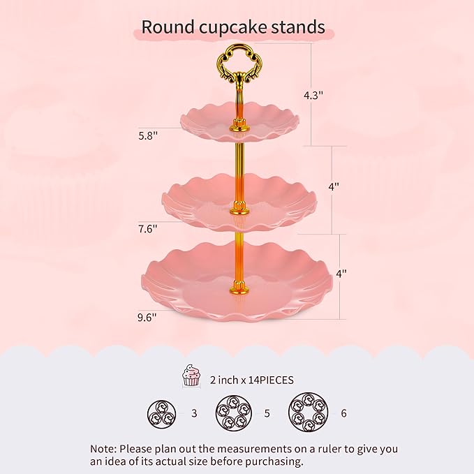 Pack of 10 NWK Cake Stand Set with 3X Two-Tier and 3X Three-Tier Cupcake Stands, 4 x Appetizer Trays Perfect for Birthday Baby Bridal Shower Party (Pink)