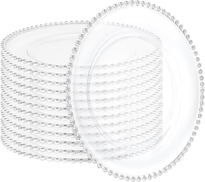 12 Pack Clear Charger Plates with Beaded Rim, 13 Inch Plastic Chargers for Dinner Plates Acrylic Round Tabletop Decoration for Home Kitchen Catering Wedding Table Event Party Dinner (Silver)
