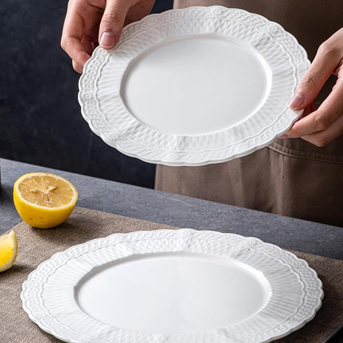White Appetizer Plates, Sturdy Round Ceramic Flat Dish, Modern Decorative Dinnerware for Wedding Birthday Party, Microwave Dishwasher Safe(Size:25.2 * 25.2 * 0.8CM)