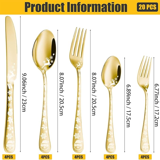 Vilihkc Christmas Style Silverware Set, 20 Piece Stainless Steel Flatware, Kitchen Utensil Service for 4, Tableware Cutlery for Home and Restaurant, Dishwasher Safe