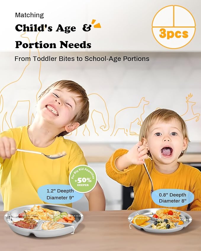 Stainless Steel Kids Plates 3 Packs, Deepened 9" Portion Control Plate Divided Plate for Toddlers Bigger Appetite, Non Toxic Unbreakable Metal Lunch Dishes