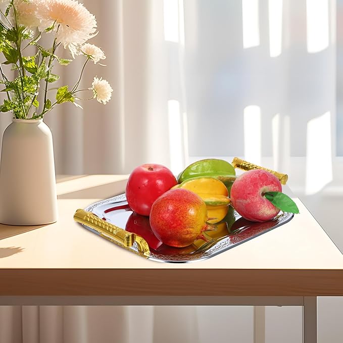 European Style Stainless Steel Serving Tray with Handle, Metal Snack and Fruit Plate for Food Presentation, Sturdy Tea and Beverage Tray for Home and Party Use