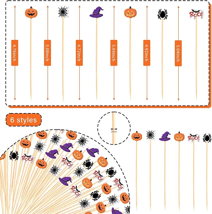 100pcs 5" Halloween Cocktail Picks Ghost Pumpkin Spider Boo Bat Theme Decor Toothpicks Skewers Sticks Sandwich Appetizer Charcuterie Board Accessories Food Garnish, Halloween Themed Party Decorations