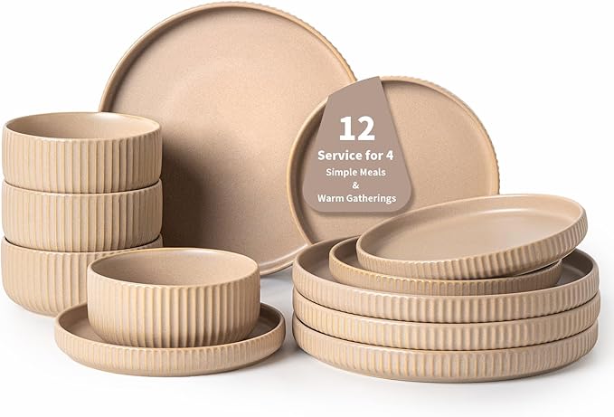 Dinnerware Sets for 4,Microwave Safe Plates and Bowls Sets,12 Piece Dylan Dish Set,Reactive Glaze Stoneware Dinnerware Set (Matte Reactive Khaki Beige, Service for 4 (12pcs))