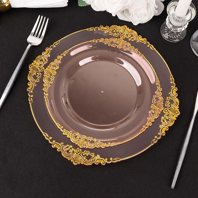 8" Salad Plates -Set of 20 - Plastic Transparent Blush Round Baroque Disposable Chargers Leaf Embossed Rim, Ideal for Dinner Party Wedding Bulk Events