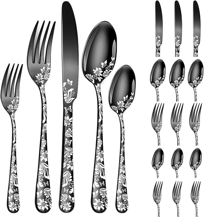 Vilihkc 20 piece Unique Pattern Design Silverware Set, Stainless Steel Flatware Set Service for 4, black Cutlery Set, Mirror Polished Utensil Set for Kitchen, Dishwasher Safe