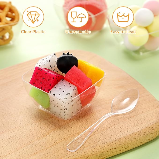 Suclain 200 Pack Dessert Cups with Spoons, 2 Oz Square Clear Plastic Disposable Appetizer Parfait Cups for Tasting Party Appetizers Fruit Parfait Trifle Mousse Pudding(Square Dish)