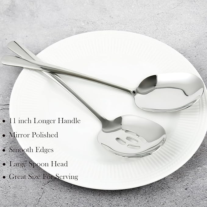 3 PCS Long Handle Stainless Steel Serving Utensils,18/8 Large Serving Spoons Set, Include Serving Spoon,Slotted Spoon,Serving Tong, Kitchen Utensil, for Buffet Catering Banquet, Dishwasher Safe