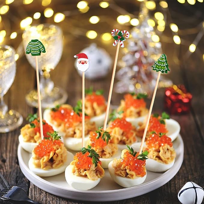 100Pcs, 5", Christmas Cocktail Picks Xmas Decor Toothpicks Fruit Sticks Food Sandwich Appetizer Charcuterie Skewers, Xmas Tree Snowman Bell Santa Claus Themed Christmas Decorations Party Supplies