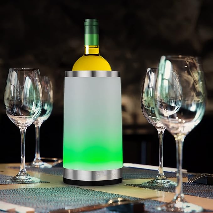 Elrigs Wine Chiller with Rechargeable RGB Touch Lamp| Wine Bottle Cooler Bucket| Double Walled Insulator with 2 Ice Pack for 750ml Champagne| Perfect Wine Gifts| Wine Accessories for Party/Dinner
