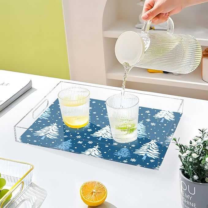 Serving Tray with Handles Clear Acrylic Tray 12x16 Inch Decorative Rectangular Tray Organizer for Ottoman Coffee Table Bathroom Winter Snow Trees Blue