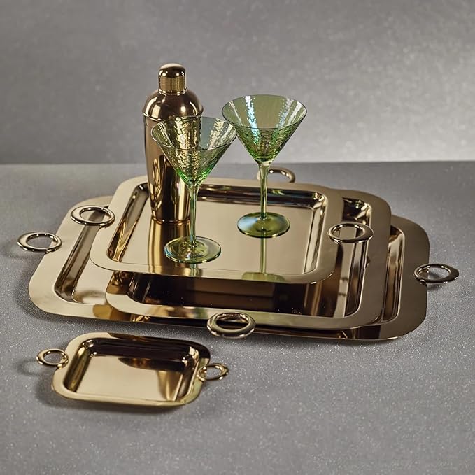 Zodax Stainless Steel and Brass Bar or Serving Trays in Polished Gold and Silver | Bacardi Polished Gold - Large