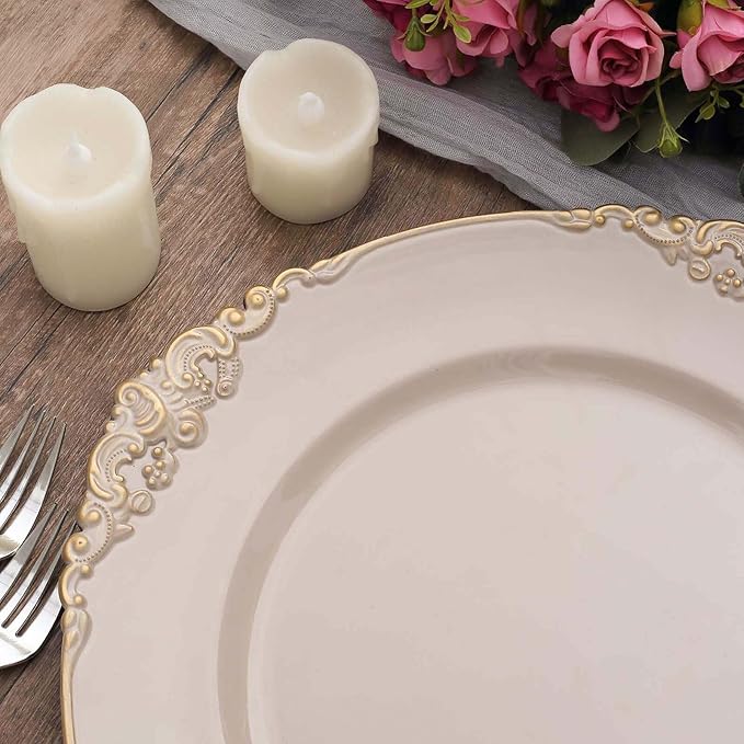 13" Charger Plates -Set of 24 - Acrylic Taupe Round Baroque Disposable Chargers Leaf Embossed Rim, Ideal for Dinner Party Wedding Bulk Events