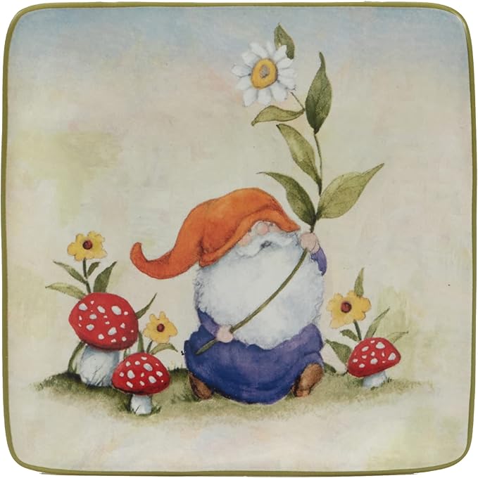 Certified International Garden Gnomes 6" Canape/Luncheon/Appetiser Plates, Assorted Designs, Small, Multicolor, Set of 4