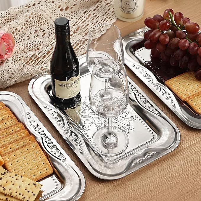 4-Pack Silver Serving Trays Set - ZENOVLUX Bow Floral Engraved Mirror Decorative Tray, 13.8" x 8.7" Party Platters for Christmas, Cookies, Charcuterie, Snacks, Desserts, Fruit, Party Food Display