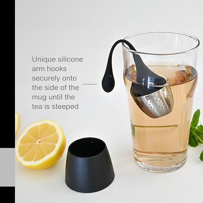 AdHoc Hangtea Infuser Black - Tea Infuser Kitchen Accessory - Dishwasher-Safe Metal Strainer for Fruit & Other Teas - Stainless Steel Diffuser with Silicone Arm - Essential Filter for Tea