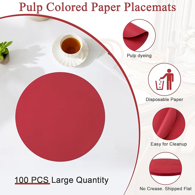 SHACOS 100 pcs Christmas Disposable Round Paper Placemats 13 inch Colored Paper Decorative Place Mats for Wedding Birthday Party Events Table Decoration, Dark Red