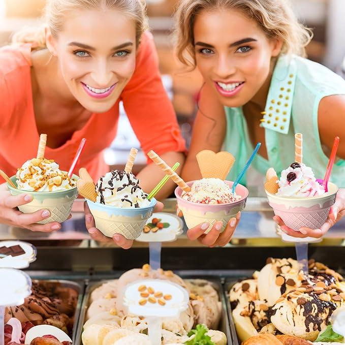 Honeydak 4 Pcs Ice Cream Ceramic Bowls 12 oz Waffle Ice Cream Cups Reusable Sundae Dessert Snack Containers for Christmas Summer Kid Adult Birthday Home Yogurt Soup Bar Party Supplies
