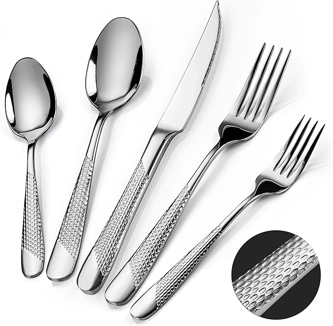 Hammered Silverware Set, PUREAIN 30 Pieces Silverware Set for 6, Stainless Steel Flatware Set for Home, Kitchen, Restaurant and Hotel, Mirror Polished Cutlery Set, Dishwasher Safe