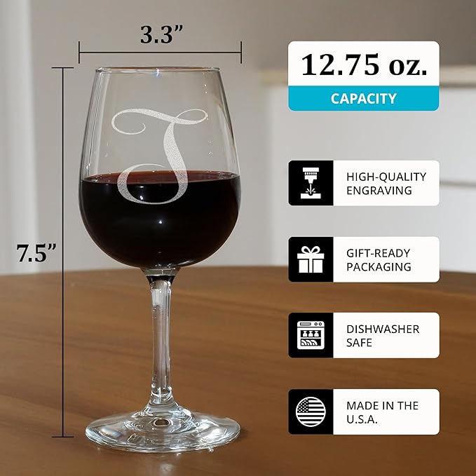 Monogrammed A-Z Wine Gifts for Women - 12.75 oz Engraved Personalized Wine Glass- Funny Wine Lover Monogram Gifts for Women - Unique Wine Glasses Gift Set (T)