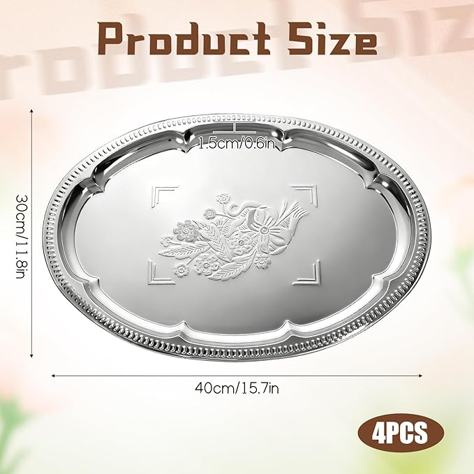 4 Pcs Large Silver Serving Trays, 15.7" x 11.8" Stainless Steel Oval Serving Tray, Decorative Silver Plates, Oval Floral Engraved Tray, Metal Sizzler Plates for Coffee Table, Bar, Party, Club, Home