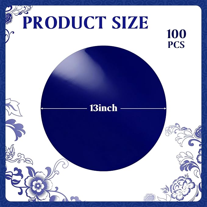 KesaPlan 100PCS Round Blue Placemats, 13" Disposable Paper Placemats for Dining Table, Mirrored Blue Charger Place Mat for Kitchen Banquet Table Setting Dinner Party Birthday Wedding Decor