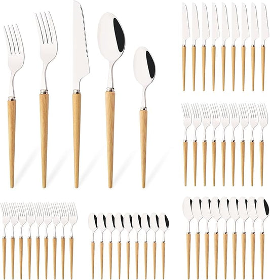 50-Piece Wood Handle Silverware Set 304 Stainless Steel Flatware Set Service For 10, Forks Spoons and Knives Set for Home, Restaurant, Wedding, Party (White Ash Wood)