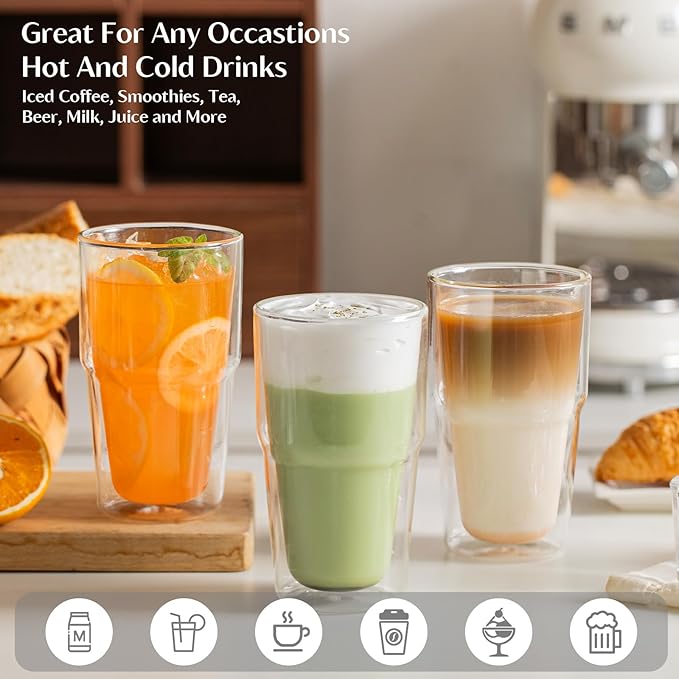 INSETLAN 16oz Double Wall Glass Cups Set of 2 – Borosilicate Glass Tumblers, Clear Insulated Glass Coffee Cups for Cappuccino, Latte, Espresso and Tea, Hot & Cold Resistant