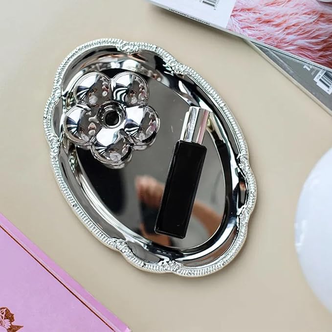 Fdit Silver Serving Tray, Elegant Oval Mirror Finish Stainless Steel Vintage Decorative Appetizer Platter for Buffet Wedding Party Serving (24CM)