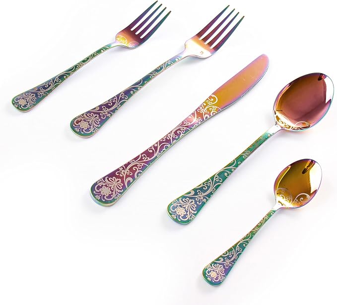 20 Pieces Stainless Steel Flatware Set for 4 People Knives Forks Spoons Set, Vintage Pattern Design, Mirror Polish and Dishwasher Safe (05-COLORFUL-SET 20)