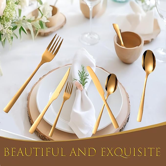 48-PieceGrade Gold Silverware Set, Stainless Steel Flatware Set for 8 - Service for 8 Includes Knives, Forks, Spoons & Teaspoons, Mirror Polished, Dishwasher Safe