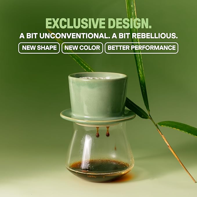 [Holiday Gift] Ceramic Vietnamese Phin Filter by PHINOI, Pour Over Coffee Dripper, 1-3 Cup Coffee Maker with Flower Design, Reusable Coffee Filter for Manual Brewing, Travel Friendly (Celadon Green)