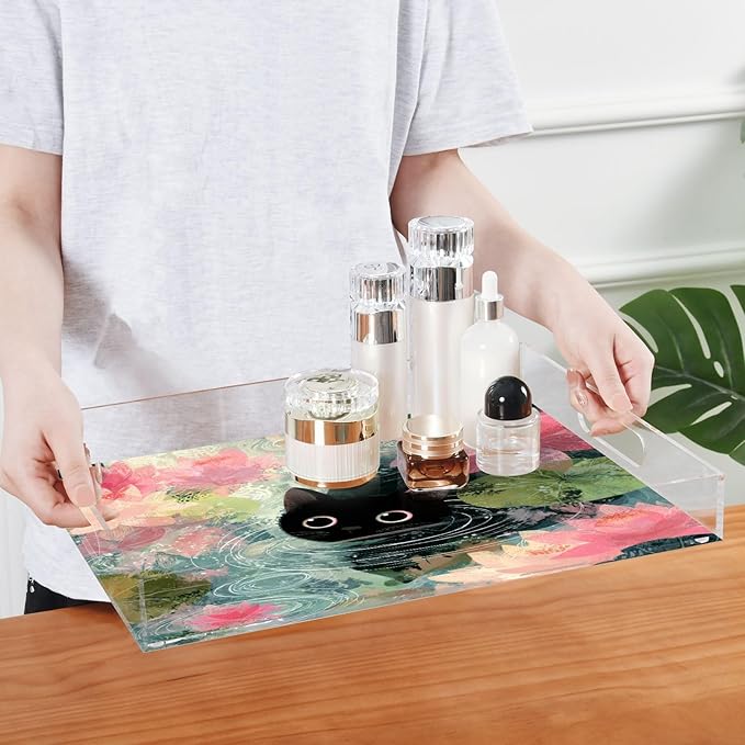 Serving Tray with Handles Clear Acrylic Tray 12x16 Inch Decorative Rectangular Tray Organizer for Ottoman Coffee Table Bathroom Cat Lotus Flowers Blue