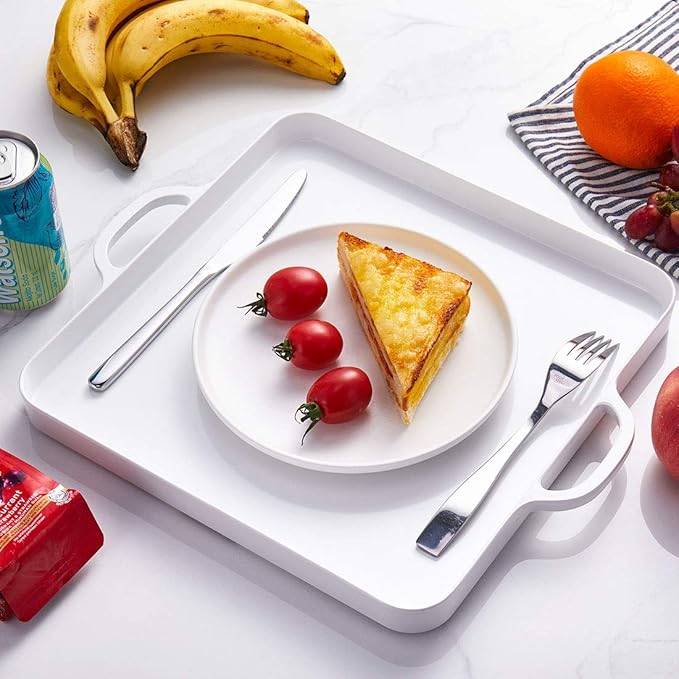 i BKGOO Foodservice White Plastic Tray with Handle Set of 2 Large Melamine Cube Serving Platters for Parties, Table, Kitchen Size(12.5"x12.5"x1")