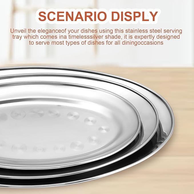 MAQUITA 3 Pcs Stainless Steel Serving Tray Large Oval Platter Set,Oval Serving Set Heavy Duty Metal Serving Tray Large Mirror Polish Sizzle Plate,12 in, 14 in, 16 in