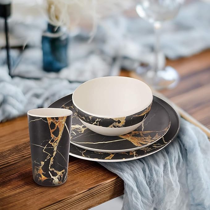 Plate and Bowl Set Porcelain Kitchen Dinnerware Set Ceramic Tableware Dinnerware Set, Service for Two,White Marble Swirl