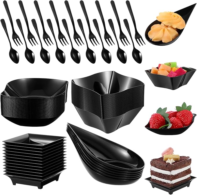 200 Pcs Mini Dessert Plates with Spoons and Forks Disposable Appetizer Plates Set Assorted Shape Dessert Bowls And Serving Trays Plastic Party Plate For Desserts Appetizer Tasting Wedding Events