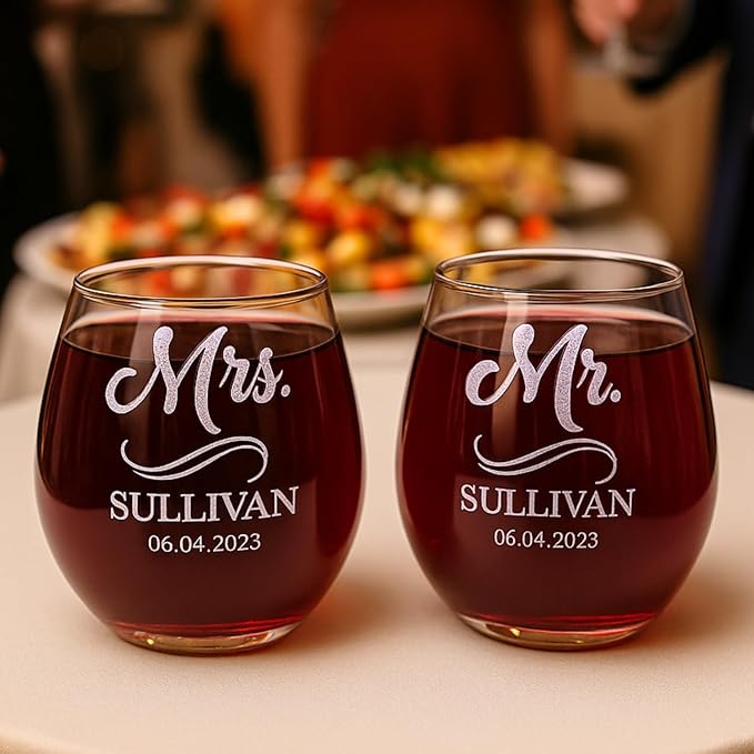 Gifts Inscribed Personalized Mr and Mrs Wine Stemless Glass Set of 2 – Custom Engraved Wedding Stemless Wine Glasses Gift for Couples, Engagement, Birthday, or Anniversary
